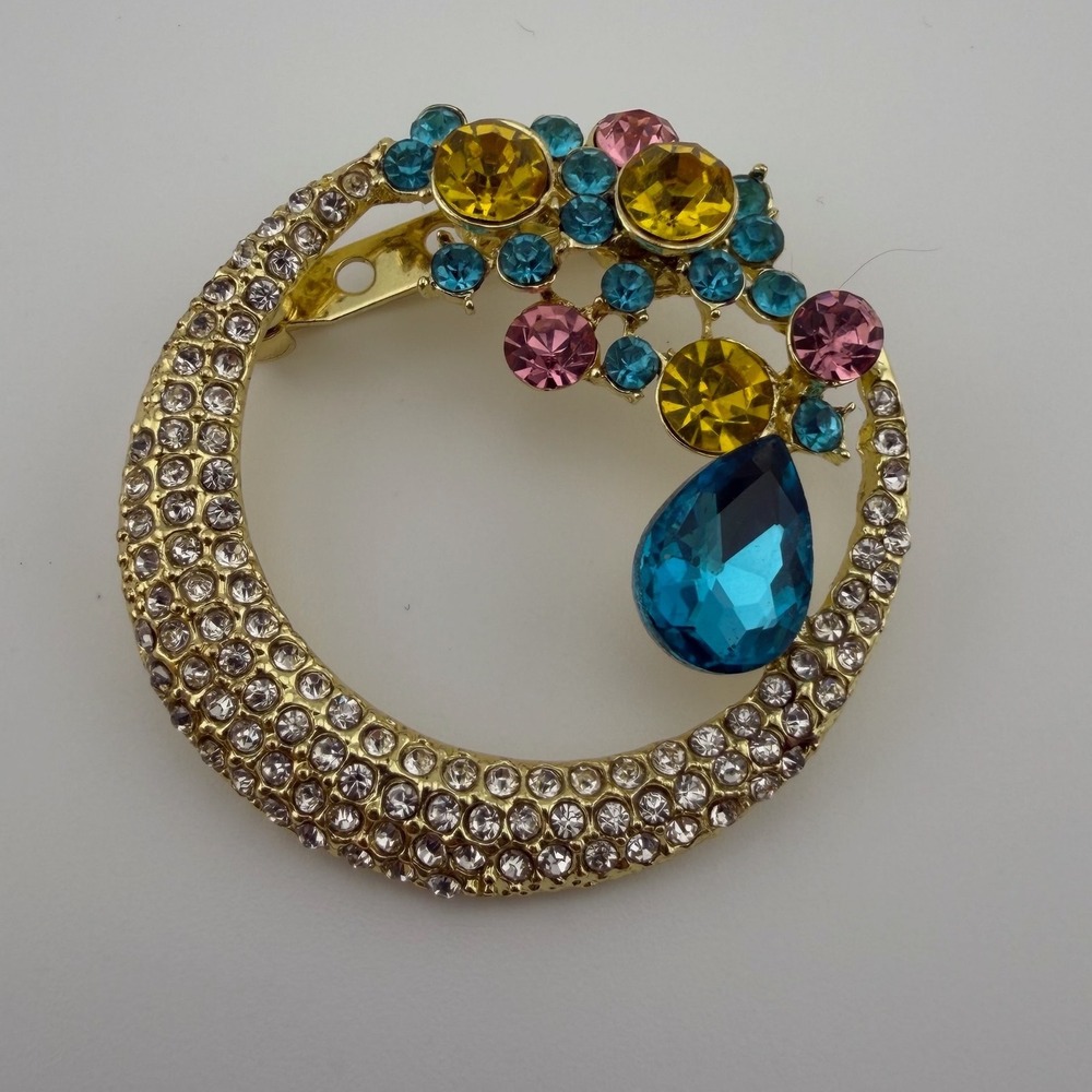 Gold Tone Multicolor Rhinestone Crescent Moon Teardrop Brooch Pin
